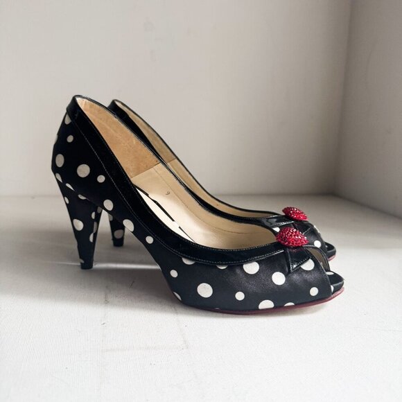 Ramon Tanza Black White Polka Dots Heart Detail PIn up Heels 9M - Picture 1 of 11